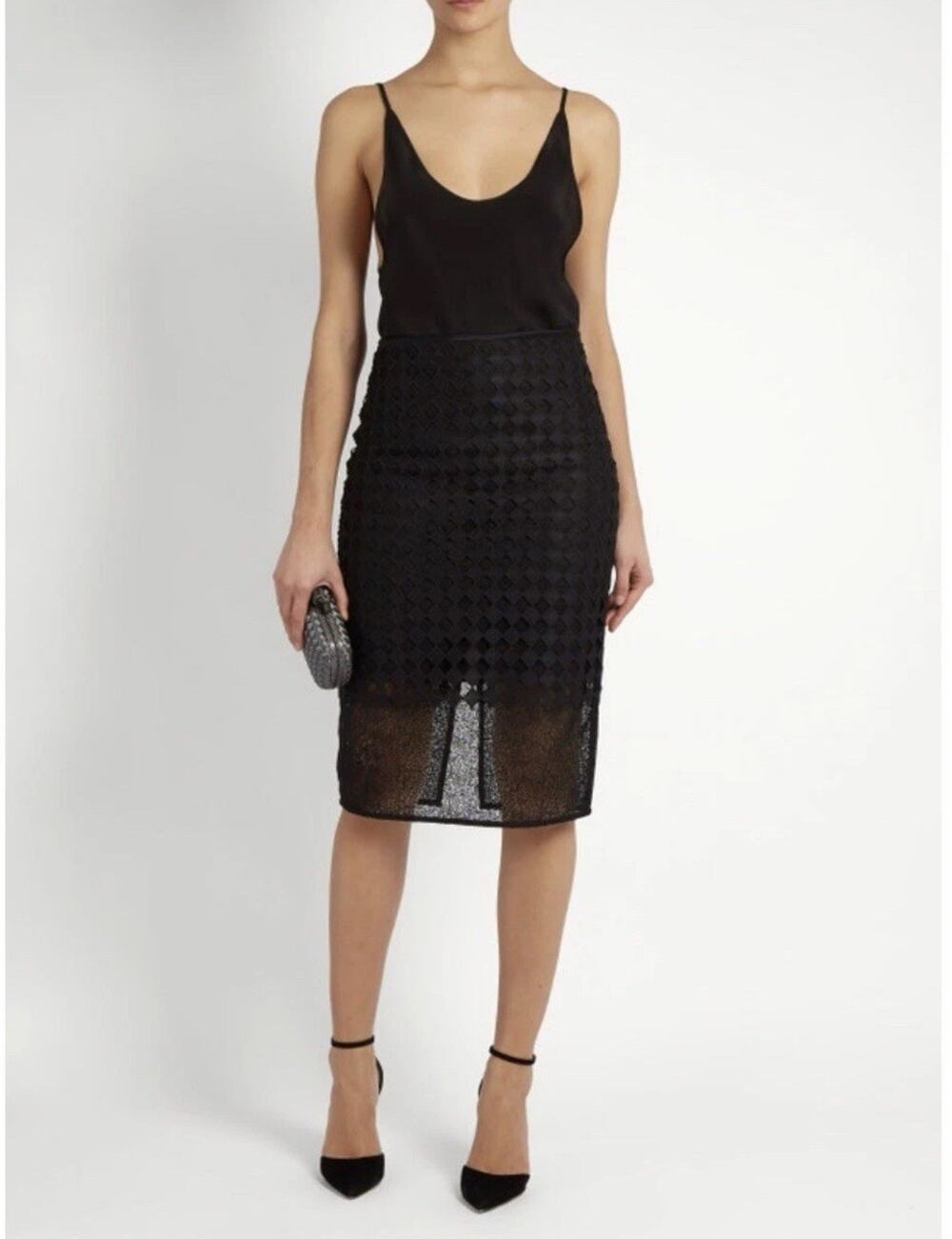 Diane von Furstenberg Diamond Layered Pencil Skirt Womens 12 Black Midi